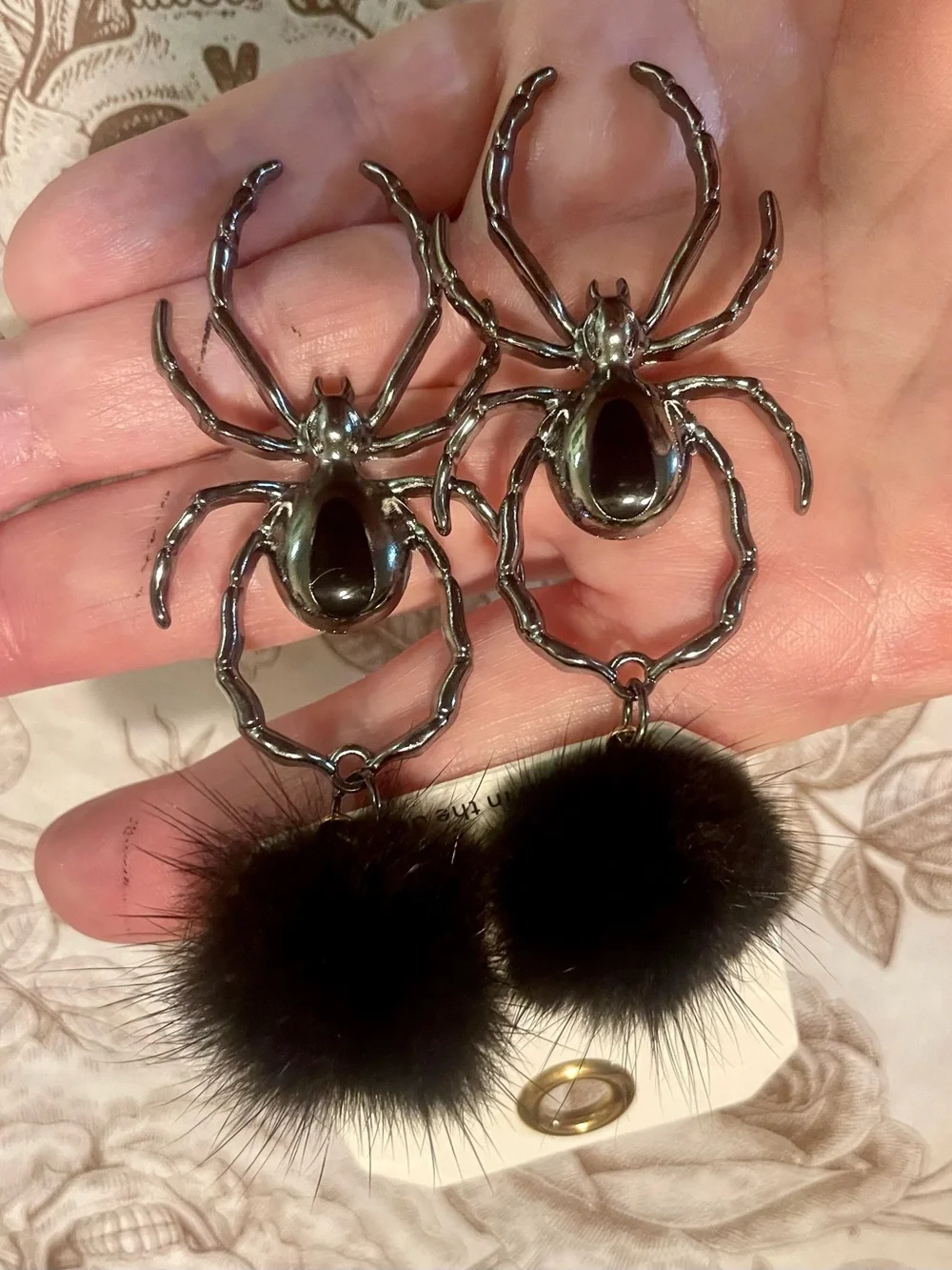 Black Fur Pom & Silver Spider Drop Earrings